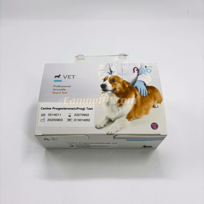 Anbio 100C canine progesterone 10-test kit box with sealed foil test cassettes and calibration code chip