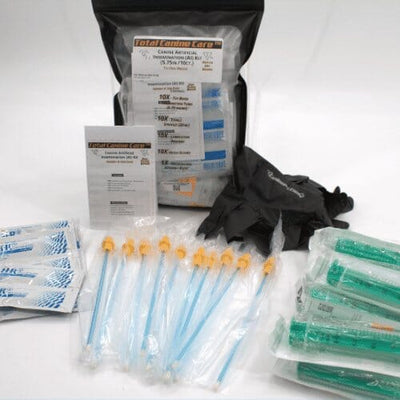 Canine artificial insemination kit including flexible insemination tubes sterile syringes and collection sleeves