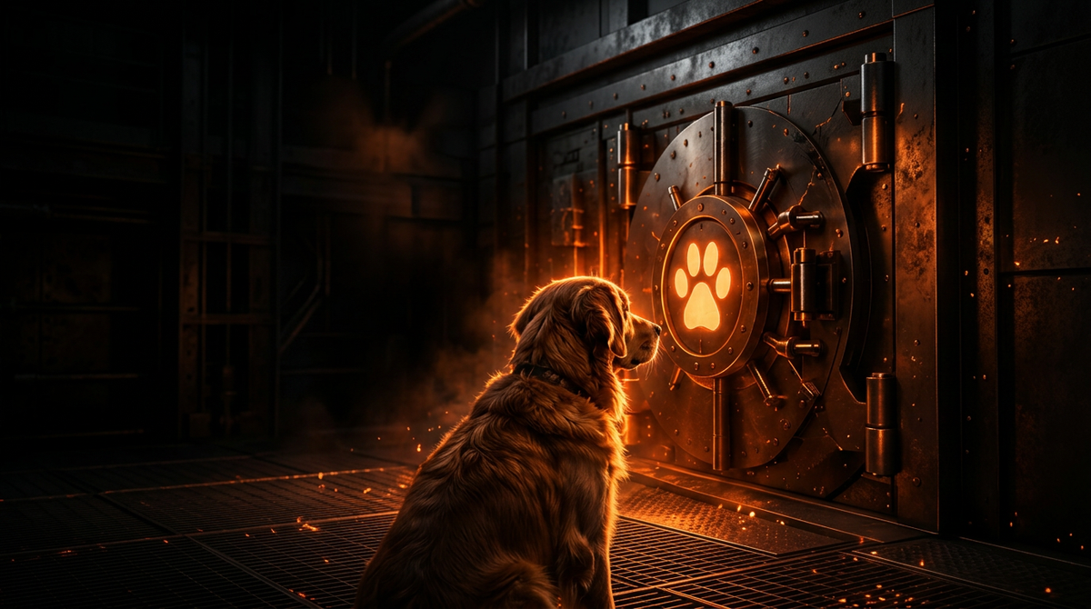 Golden retriever facing an orange-lit steel vault