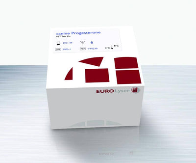 Cube Vet equine progesterone test kit box with sealed reagent cuvettes